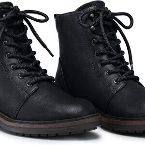 Women Combat Ankle Boots Faux Leather Lace-up Fall Flat Zipper Lug Sole